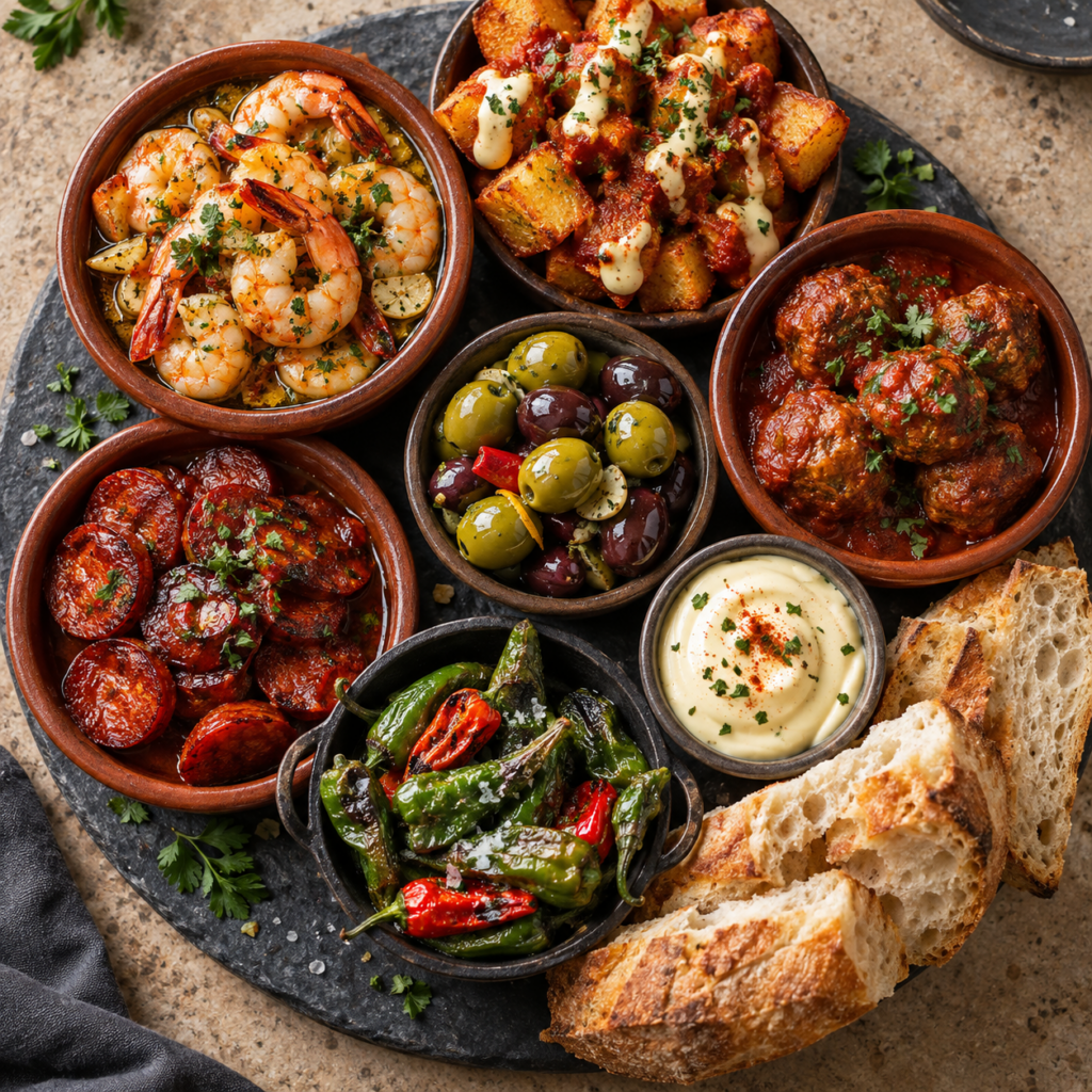 Tapas med varme småretter, oliven, aioli og brød
