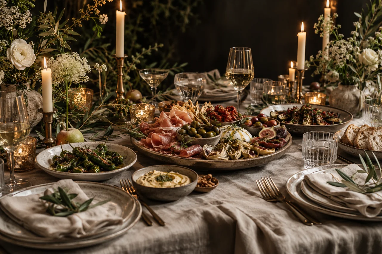 Inspirasjon til bryllupsbord med mat, blomster og levende lys