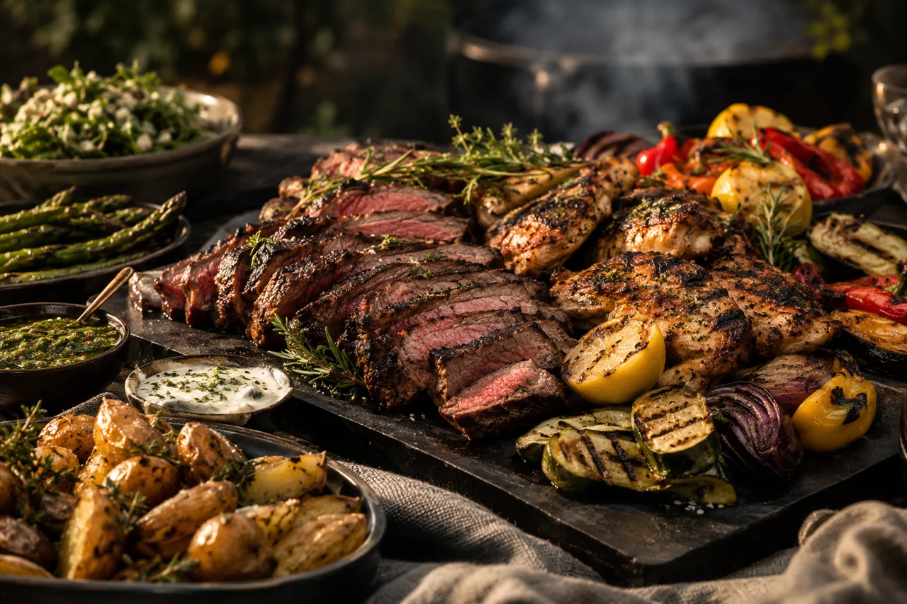 Inspirasjon til grillbuffet med kjøtt, kylling og grønnsaker