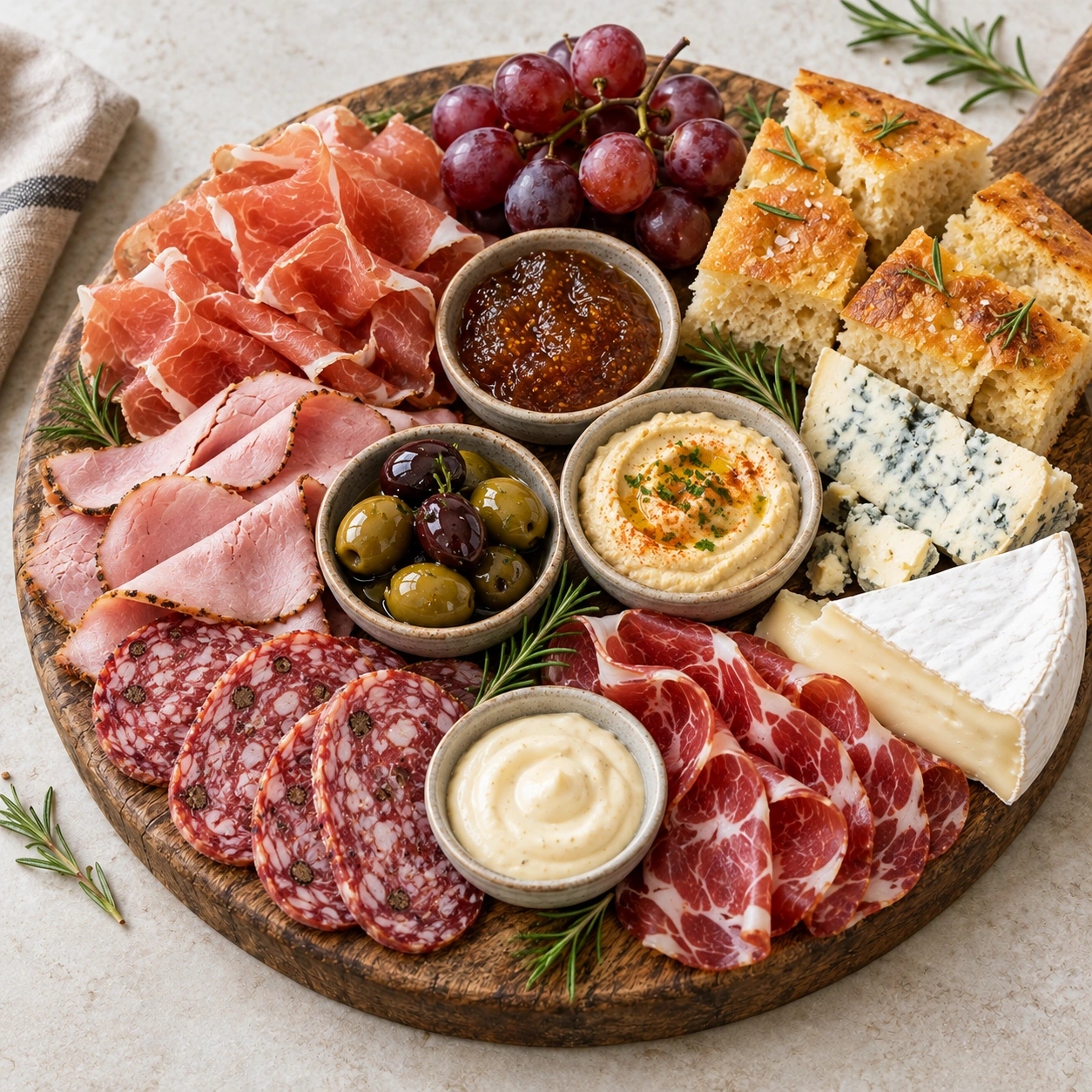 Spekemat, ost og brød til antipasti