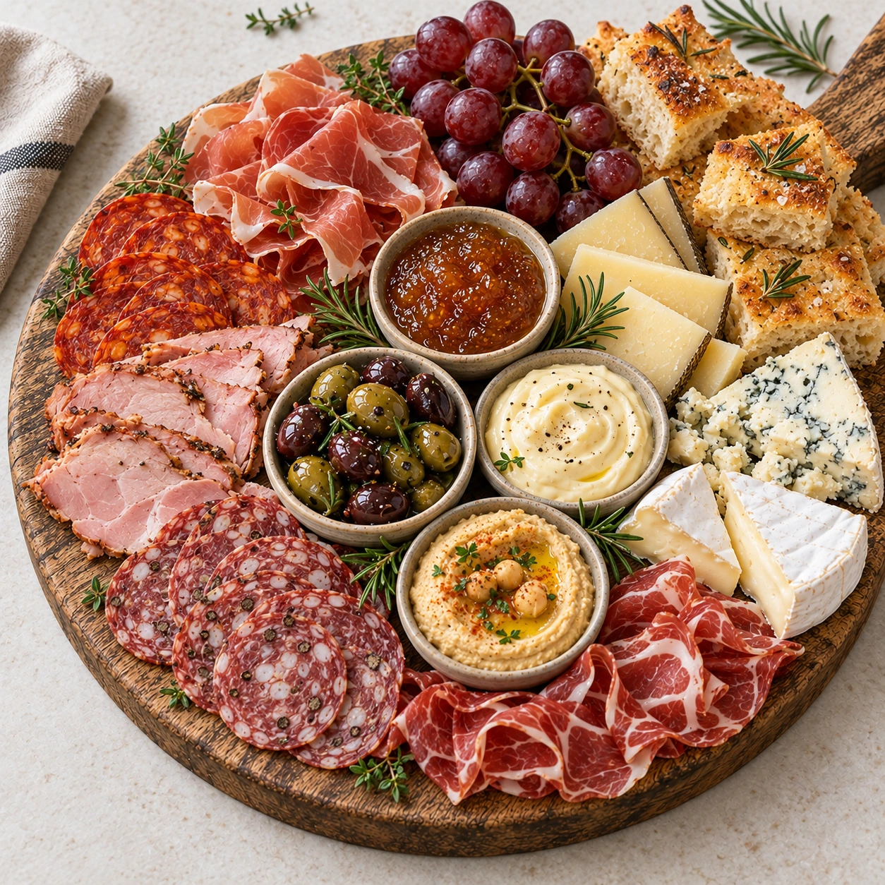 Charcuterie II med variert spekemat, skinkestek, tre oster, focaccia og dipper