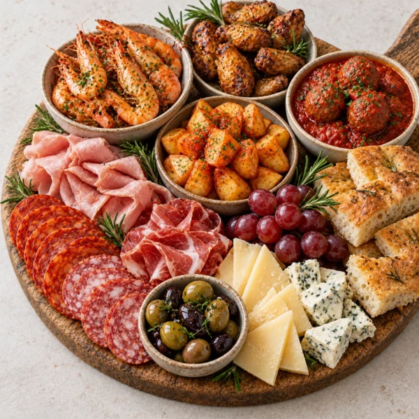 Charcuterie III med scampi, kyllingvinger, kjøttboller, patatas bravas, spekemat og ost
