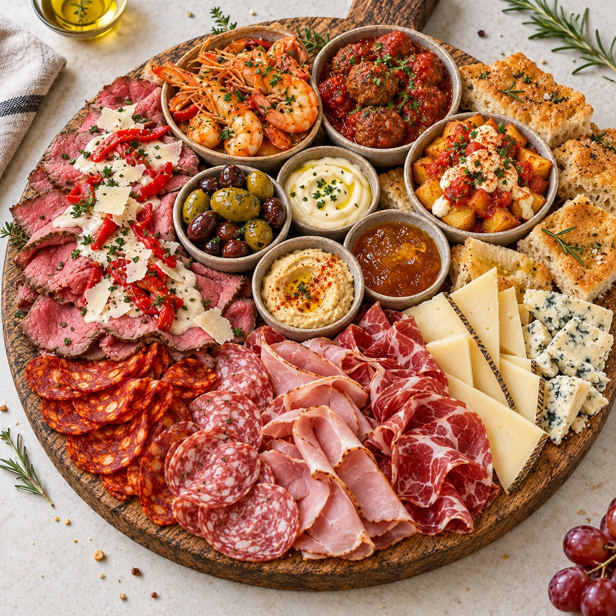 Charcuterie IV med roastbiff, scampi, kjøttboller, patatas bravas, spekemat, ost og dipper